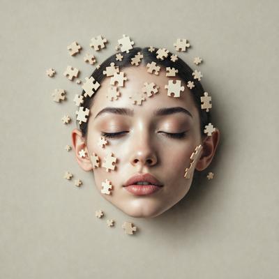 The primary subject of the image is a woman with a puzzle piece on her face. She is lying down, and the puzzle pieces are scattered around her. The setting appears to be a bedroom, and the visual style is a close-up of the woman's face. The colors and mood of the image are somewhat dark and mysterious, with the puzzle pieces adding an element of intrigue to the scene.